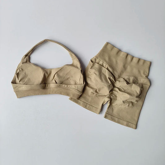 Conjunto para desporto Top costas nua e shorts modelador